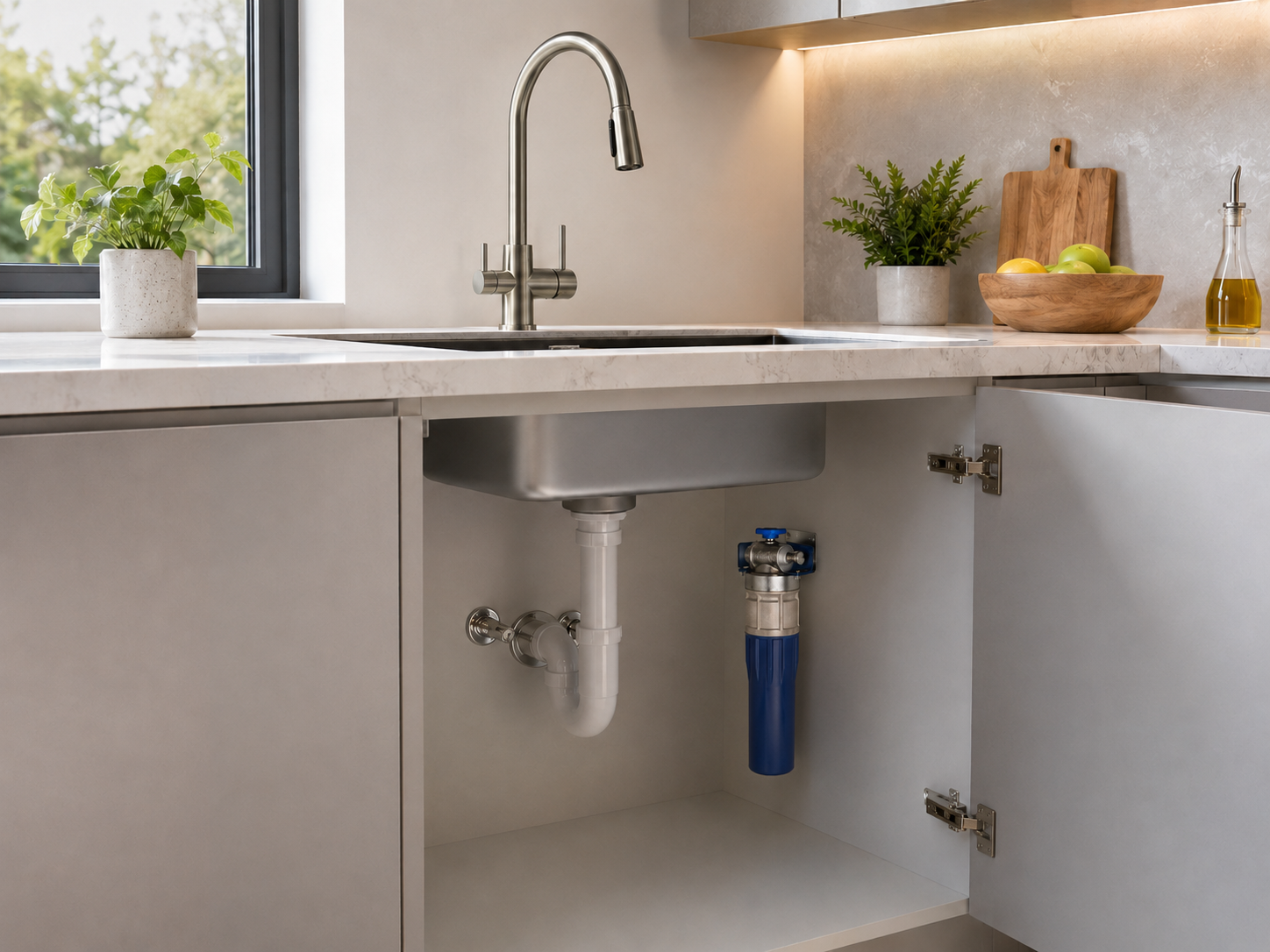 Purificateur d’eau compact installé sous un évier de cuisine
